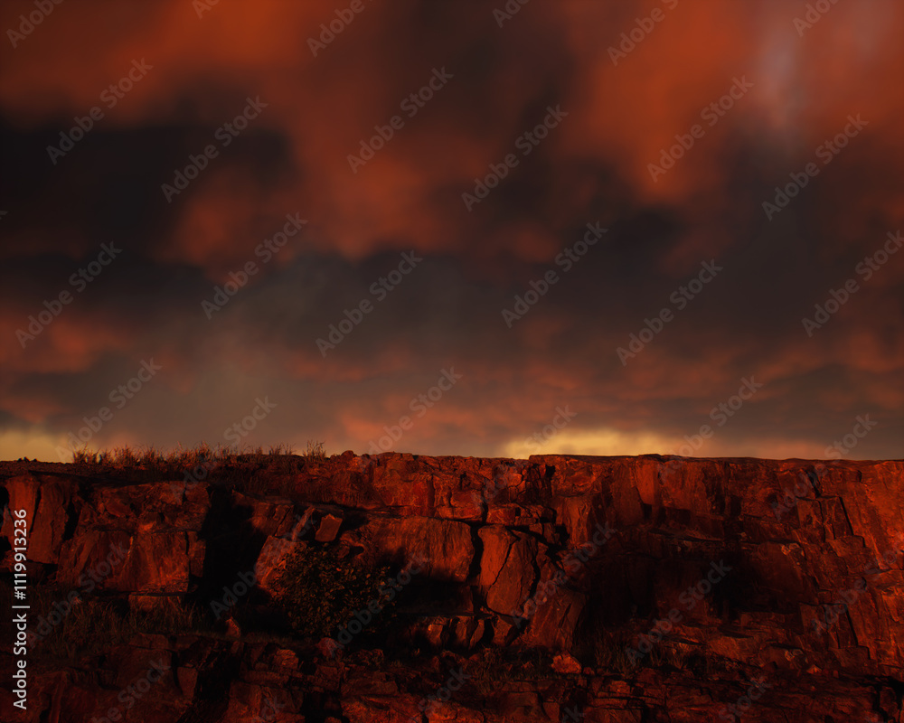 Quarry slate under a cloudy sky during sunset. 3D render.
