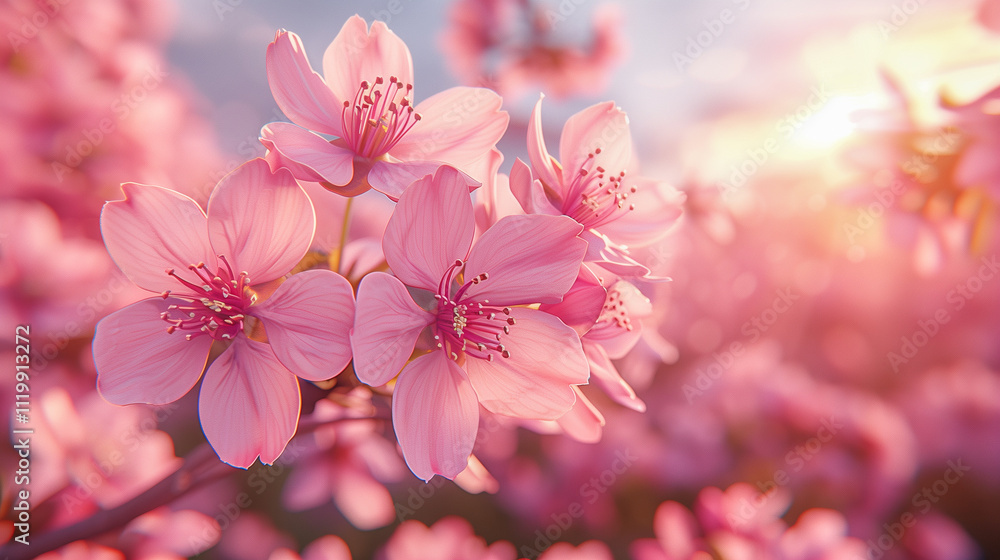 Fototapeta premium Pink Cherry Blossoms Glowing in Warm Sunset Light..