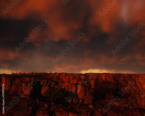 Obraz na płótnie Quarry slate under a cloudy sky during sunset. 3D render. w salonie