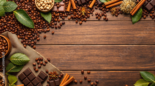 Vibrant cocoa background composition with soft lighting on a rustic wooden surface photo