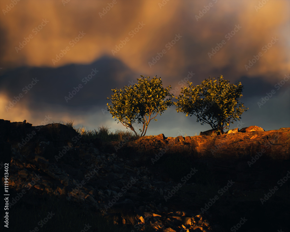 Quarry slate with some trees under a cloudy sky during sunset. 3D render.