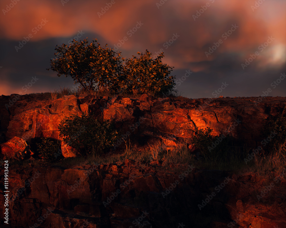 Quarry slate with some trees under a cloudy sky during sunset. 3D render.