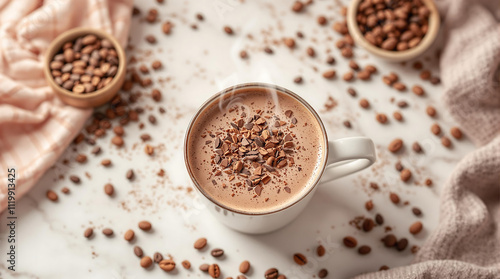 Steaming Cup of Hot Cocoa background with Chocolate Shavings and Marble Texture photo