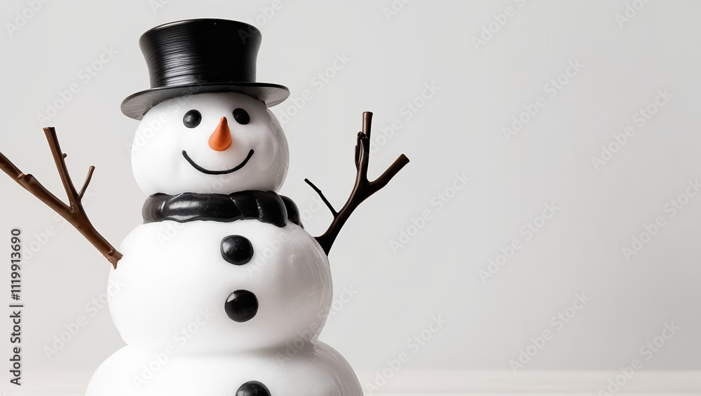 Fototapeta premium cheerful snowman with black hat and scarf, with white background, sense of winter joy and holiday spirit