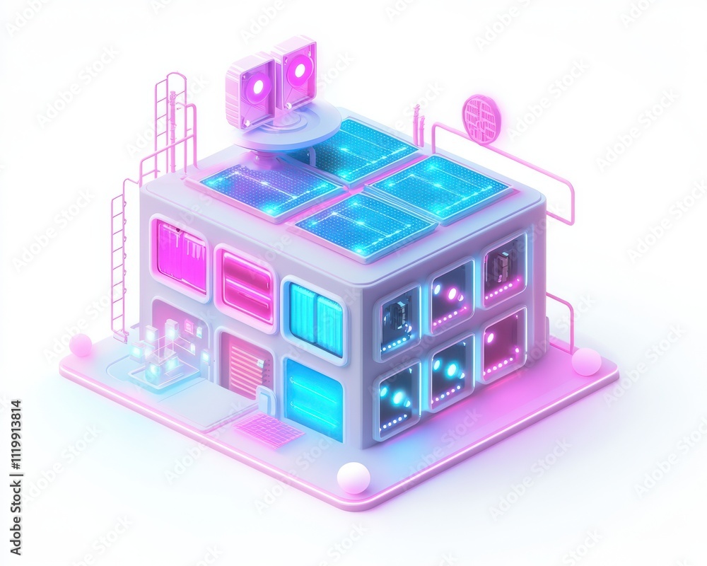 Stylized modern building with glowing elements and solar panels, white isolate background. Stylized modern building with glowing elements and solar panels, white isolate background.