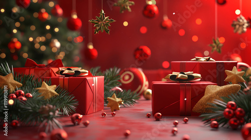 Gifts on a red background with beautiful festive decorations., baubles, fir branches. Christmas theme template perfect for greeting card, winter banner, gift card. Xmas copy space design.