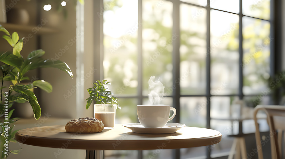Create an image of a café interior bathed in soft morning light. Include a small table with a steaming cup of coffee and a pastry Create an image of a café interior bathed in soft morning light. Include a small table with a steaming cup of coffee and a pastry