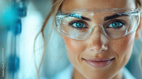 Close-up of a scientist wearing safety goggles, highlighting focused expression and professional attire in a laboratory setting, emphasizing science and technology.