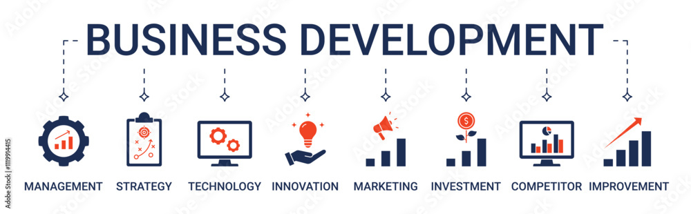 Banner Business Development with management, strategy, technology, innovation, marketing, investment, competitor analysis and improvement icon concept illustration Banner Business Development with management, strategy, technology, innovation, marketing, investment, competitor analysis and improvement icon concept illustration
