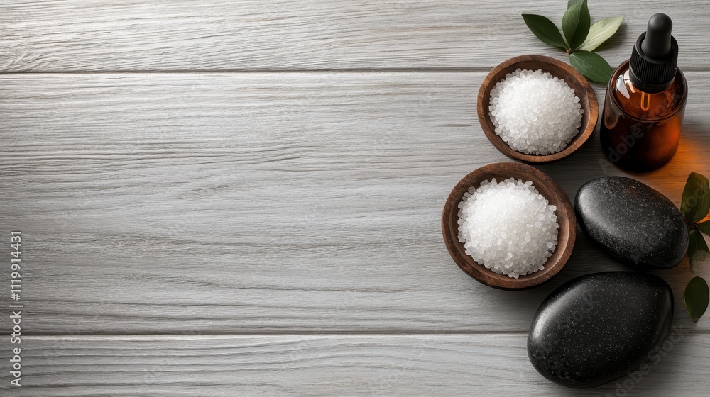 An aromatherapy arrangement features a bottle of essential oil alongside bowls of coarse salt and smooth stones, evoking relaxation and a sensory spa experience. An aromatherapy arrangement features a bottle of essential oil alongside bowls of coarse salt and smooth stones, evoking relaxation and a sensory spa experience.