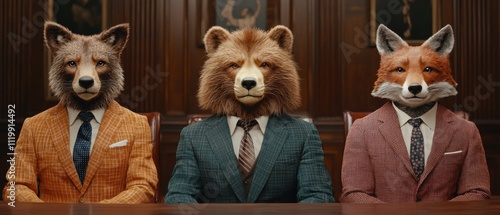 Fototapeta Naklejka Na Ścianę i Meble -  Three anthropomorphic animals in suits sit at a table, showcasing a unique blend of elegance and whimsy in a formal setting.