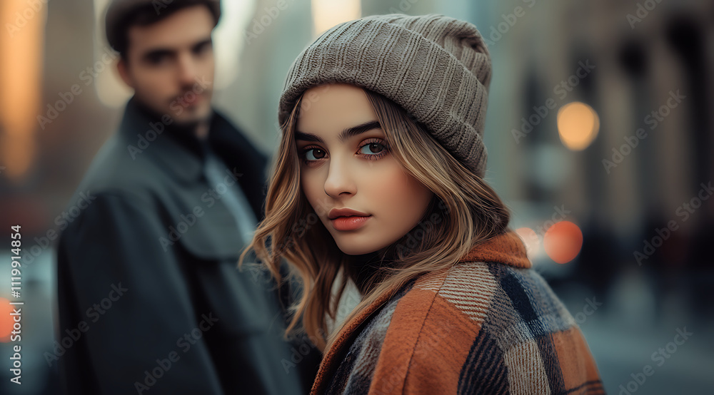 A young woman in a beanie and plaid coat looks at the camera, while a man stands behind her on a city street A young woman in a beanie and plaid coat looks at the camera, while a man stands behind her on a city street