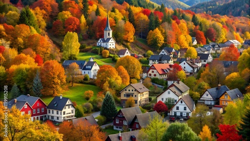 Colorful houses nestled amidst a vibrant autumn forest photo