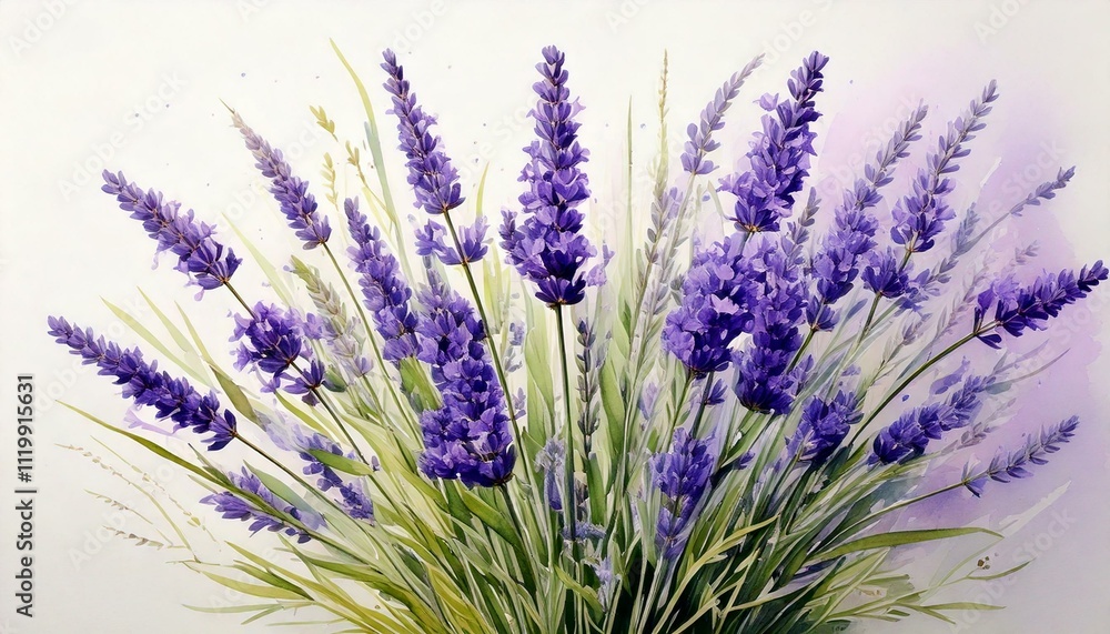 Naklejka premium Delicate watercolor lavender stems arranged in a minimalist bouquet.