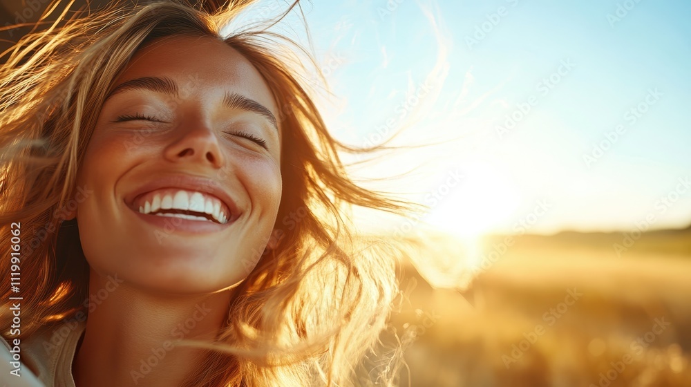 A joyful woman with eyes closed and hair tousled by the breeze enjoys the golden sunlight, embodying serenity and freedom during a warm outdoor moment. A joyful woman with eyes closed and hair tousled by the breeze enjoys the golden sunlight, embodying serenity and freedom during a warm outdoor moment.