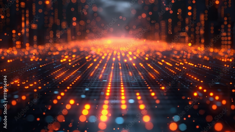 Fototapeta premium Abstract digital landscape with glowing lines and particles converging towards a bright horizon.