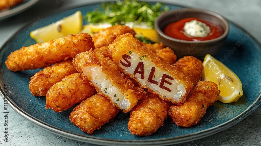 Delicious crispy fish sticks served with lemon and dipping sauce on a plate Delicious crispy fish sticks served with lemon and dipping sauce on a plate