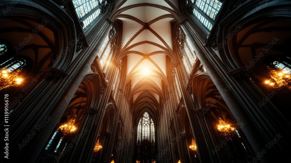 Obraz premium Stunning view of a Gothic cathedral interior, capturing the soaring arches and intricate details lit by a warm, ethereal glow from the stained glass windows.
