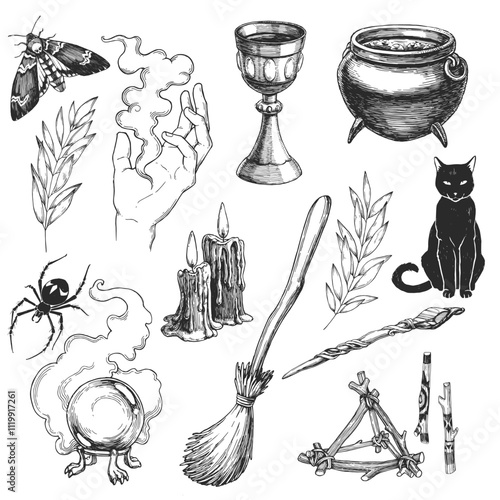 Vector set of Halloween illustrations. Hand-drawn sketches of cauldron, broom, candles, goblet, magic ball. Witch's accessories.