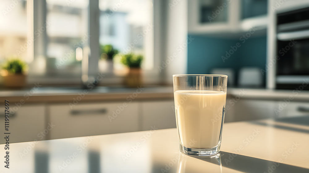 product shot of kitchen counter with glass of milk in the foreground product shot of kitchen counter with glass of milk in the foreground