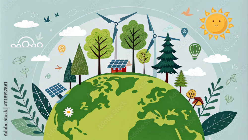 Naklejka premium A vibrant depiction of Earth shows trees, wind turbines, solar panels, and eco-friendly elements under a cheerful sun. The scene emphasizes sustainability and renewable energy.AI generated.