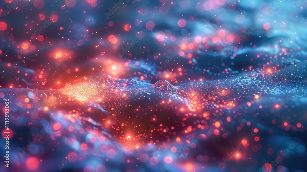 Abstract glowing particles forming a wavy landscape with red and blue tones. Abstract glowing particles forming a wavy landscape with red and blue tones.