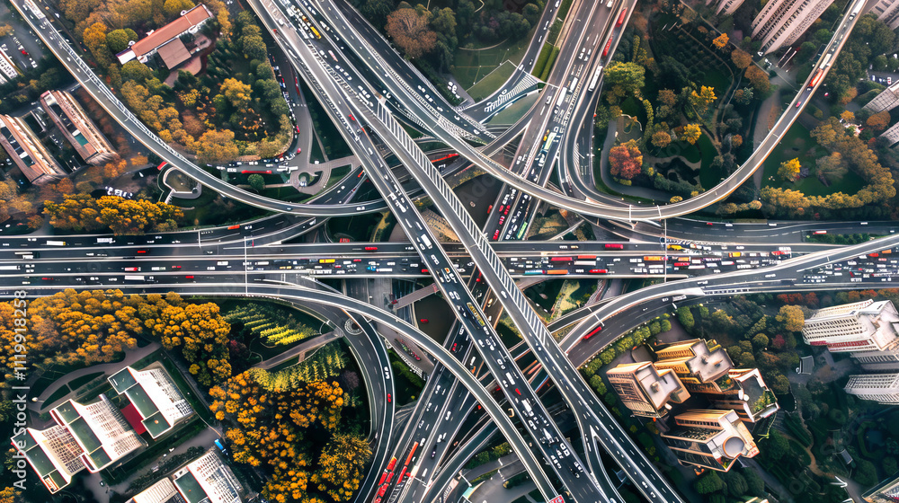 High-Angle View of a Complex Urban Highway Intersection Surrounded by Buildings and Greenery. Concept of City Infrastructure, Aerial Photography, Modern Architecture, Urban Planning. Background High-Angle View of a Complex Urban Highway Intersection Surrounded by Buildings and Greenery. Concept of City Infrastructure, Aerial Photography, Modern Architecture, Urban Planning. Background