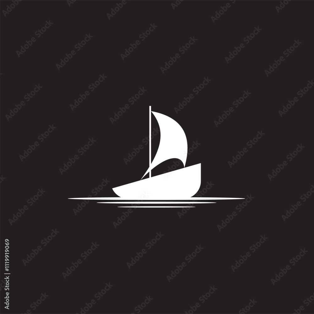 Simple sailboat, dhow boat, ship on ocean waves in black and white art style for Sailing Travel Transportation logo design