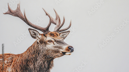 A majestic red deer stag stands proudly against a clean, white background photo