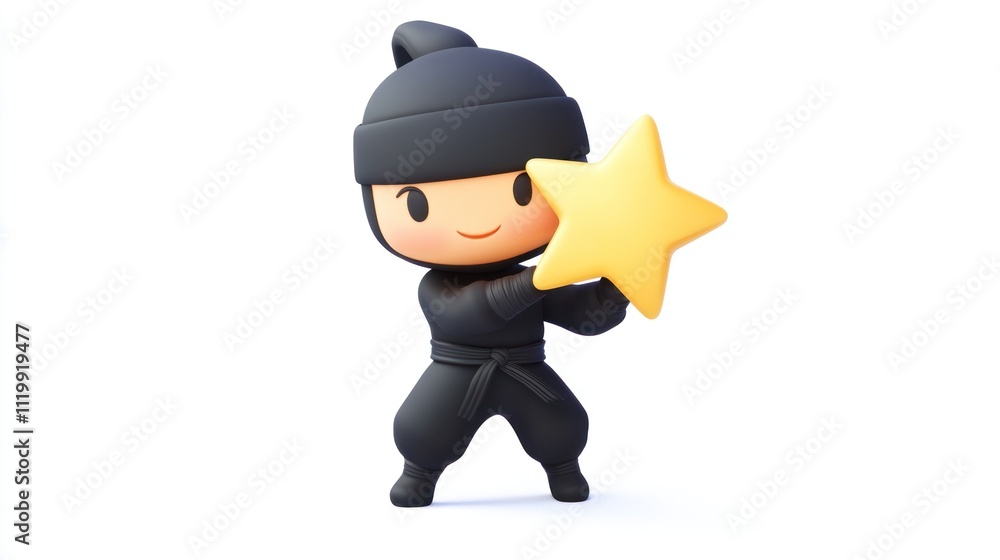 A cheerful cartoon ninja character holding a yellow star, designed for playful themes. A cheerful cartoon ninja character holding a yellow star, designed for playful themes.