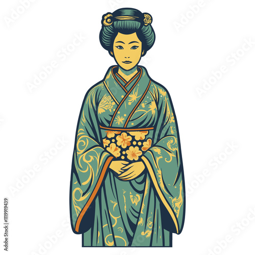Beautiful geisha wearing a traditional japanese kimono with floral patterns, participating in a tea ceremony, showcasing japanese culture and elegance