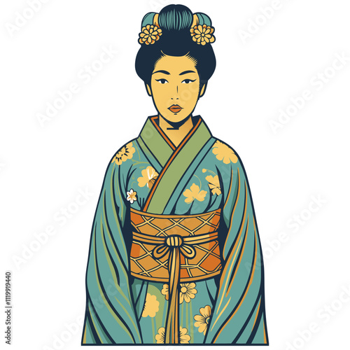 Beautiful geisha wearing a traditional japanese kimono with floral patterns, participating in a tea ceremony, showcasing japanese culture and elegance