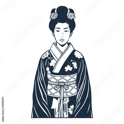 Monochrome vector illustration showcasing a geisha in a floral kimono, her serene presence embodying the grace and artistry of japanese culture and traditions