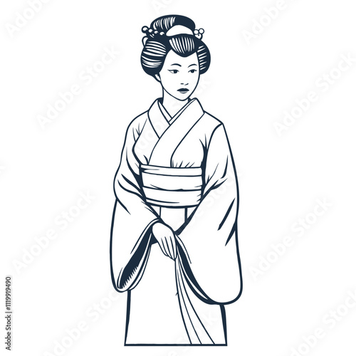 Classic illustration of a geisha in traditional kimono, showcasing the rich cultural heritage of japan, with intricate details and elegant posture