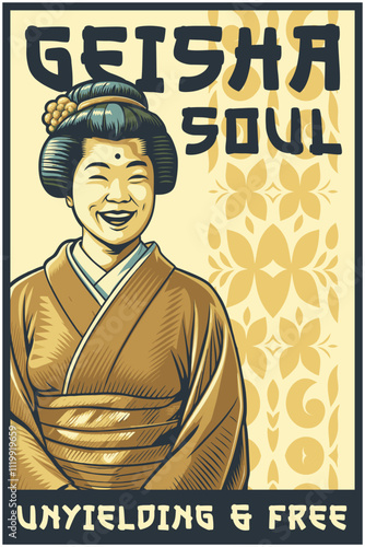 Vintage style poster featuring a cheerful geisha in a traditional kimono, celebrating japanese culture with an elegant and captivating design