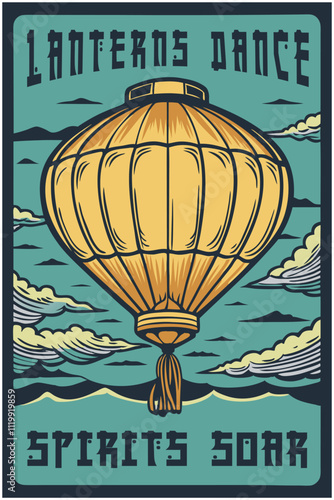 Vintage travel poster featuring a large sky lantern floating gracefully amidst stylized clouds, evoking a sense of adventure and cultural exploration with its retro aesthetic and bold typography