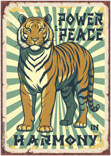 Powerful tiger standing on grass with tiger's heart, bamboo's patience slogan in vintage poster style, celebrating asian culture and wildlife