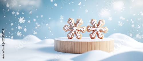Two snowflake-shaped cookies on a wooden platform in a snowy winter scene.