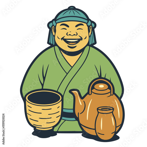 Cheerful tea master in traditional asian attire smiling while preparing for a tea ceremony, holding a teapot, teacup, and woven tea container, reflecting rich tea culture