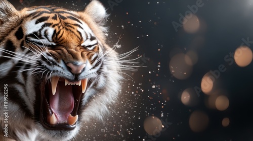 A striking close-up of a fierce tiger roaring, capturing the power and intensity of the wild in vivid detail, emphasizing the animal's majestic strength. photo