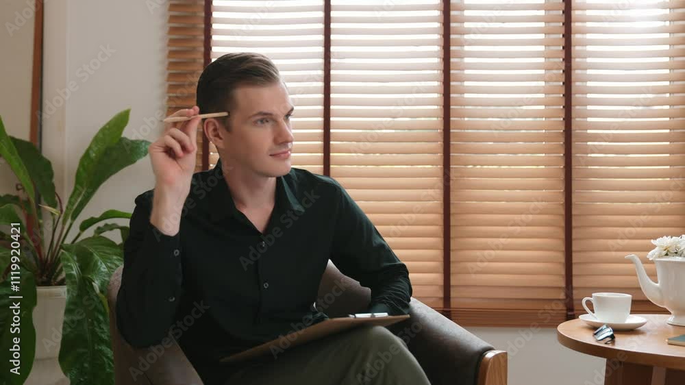 Male psychologist man sitting on arm chair in psychiatrist office or therapy room. Friendly and professional mental healthcare counselor and therapist. Adit Male psychologist man sitting on arm chair in psychiatrist office or therapy room. Friendly and professional mental healthcare counselor and therapist. Adit