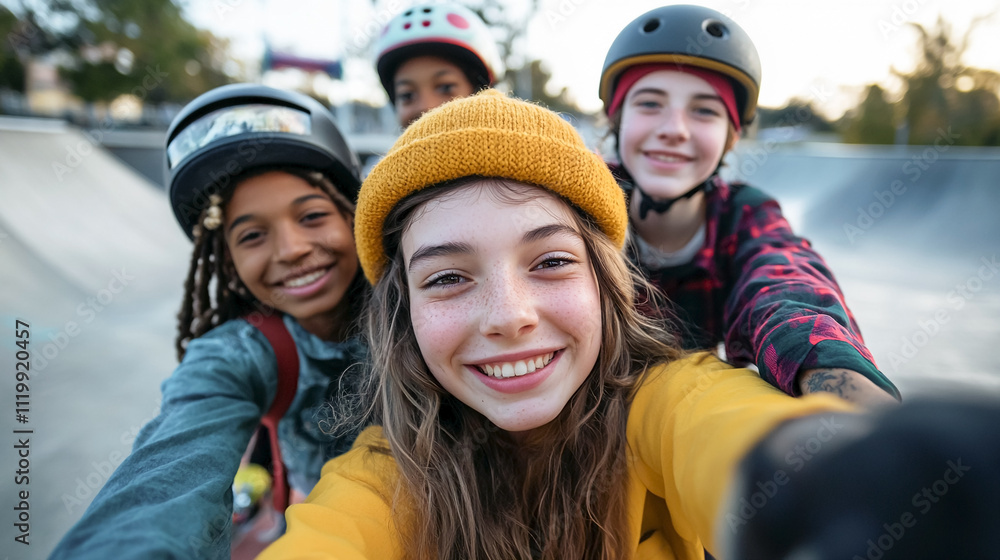Group of NON BINARY teenagers taking a selfie, Non binary group of diverse teens friends enjoying their friendship outside. Group of NON BINARY teenagers taking a selfie, Non binary group of diverse teens friends enjoying their friendship outside.