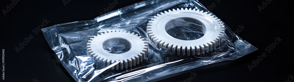 Two white gears in plastic packaging. Two white gears in plastic packaging.