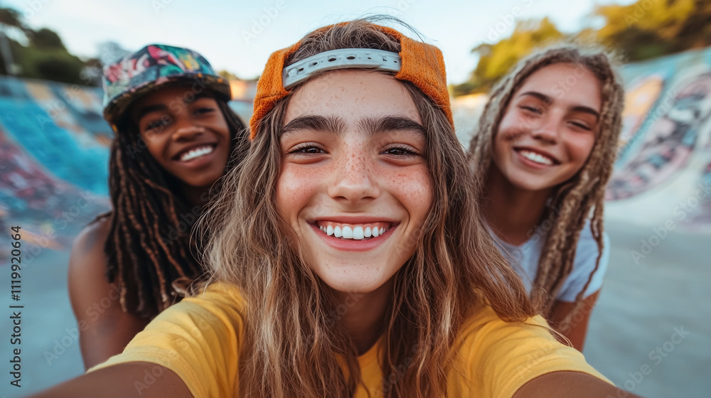 Fototapeta premium Group of NON BINARY teenagers taking a selfie at skate park. Integration in a diverse society. 