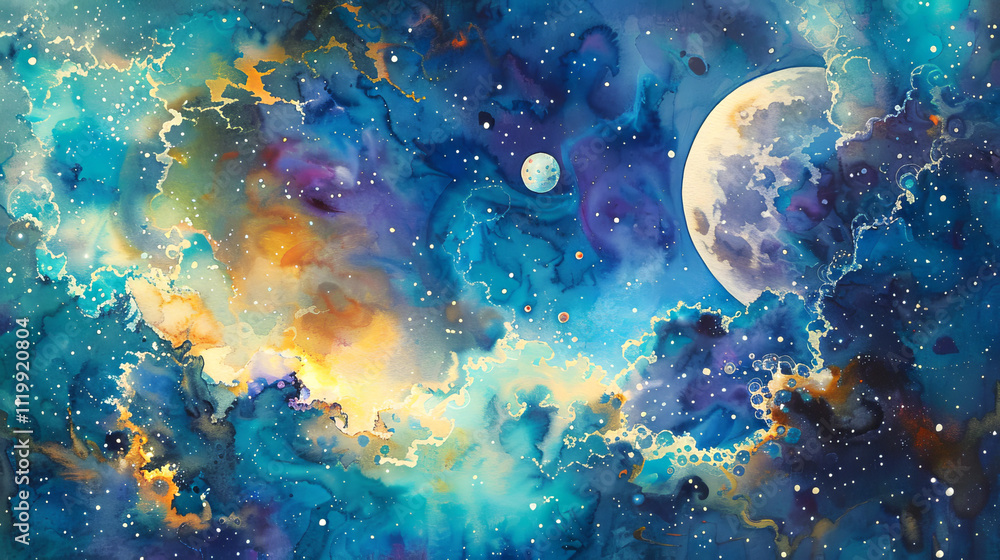 Obraz premium Watercolor Illustration of a Cosmic Space Scene with Vibrant Blue, Yellow, and Orange Nebulae and a Detailed Moon. Background