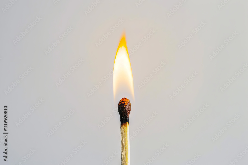Close-up of a burning matchstick with a flame against a clean white background. Concept of fire, ignition, light, and heat. Copy space Close-up of a burning matchstick with a flame against a clean white background. Concept of fire, ignition, light, and heat. Copy space