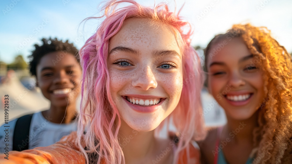 Group of NON BINARY teenagers taking a selfie, Non binary group of diverse teens friends enjoying their friendship outside. Group of NON BINARY teenagers taking a selfie, Non binary group of diverse teens friends enjoying their friendship outside.