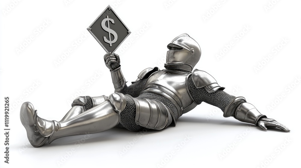Relaxed knight in armor holding a dollar sign. Relaxed knight in armor holding a dollar sign.