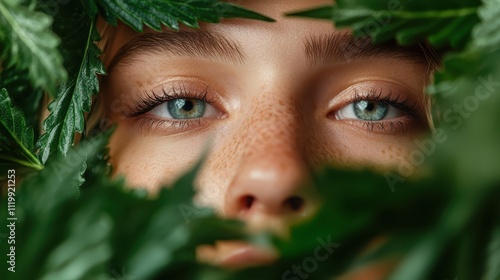 A freckled face with bright eyes enveloped by lush green leaves, representing a balance between human presence and vibrant natural surroundings. photo