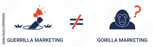 Banner Guerrilla Marketing VS Gorilla Marketing with guerrilla and gorilla marketing icon concept illustration